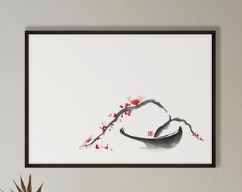 Op de afbeelding: Een ingelijste wandkunstprint met een minimalistische inkttekening van een donkere, gebogen boot en een zwaaiende tak met kleine rode bloesems. Het kunstwerk staat op een witte achtergrond en bevat een kleine rode vierkante stempel.