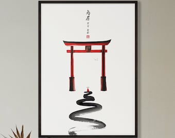 May include: Framed art print featuring a red Torii gate, a traditional Japanese gate, with a black winding path leading to it. The artwork is in a minimalist style with Japanese characters at the top.
