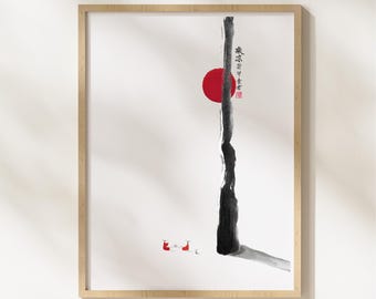 Op de afbeelding: Ingelijste kunstdruk met een minimalistisch Japans ontwerp. Het kunstwerk bevat een grote rode cirkel, een zwart verticaal element en kleine rode figuren. De print zit in een licht houten frame.