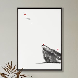 Sunrise - Minimalist Asian Giclée Art Print, Black and Red Chinese Landscape Art, Fine Art Sumi-e Print, Zen Art