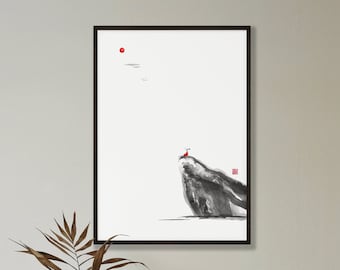 May include: A black and white ink painting of a mountain with a small red figure on top. The background is white with a small red circle in the upper left corner.