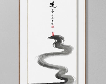 May include: A framed artwork featuring a minimalist ink wash painting. A winding, dark gray river flows across a white background. The artwork includes Japanese calligraphy and a small red accent.