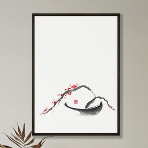 Bonsai Blossom - Minimalist Asian Giclée Art Print, Black and Red Chinese Art, Fine Art Sumi-e Print, Zen Art