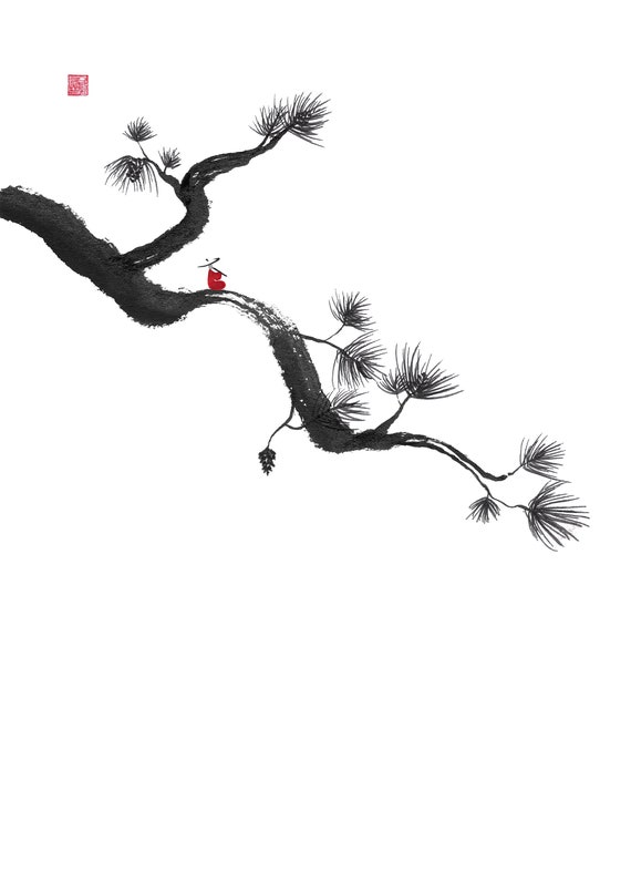 Pine Tree - Minimalist Asian Giclée Art Print, Black and Red