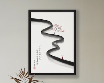 May include: Black and white ink painting of a winding path with a red-flowered tree and a small figure in red walking on the path. The text in the image reads: "Life is a journey, not a destination. The path is always there, but the journey is yours to create."