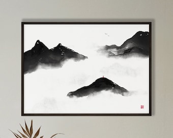 May include: Black and white ink painting of mountains and clouds. The mountains are depicted in a minimalist style with a single red figure on a peak.