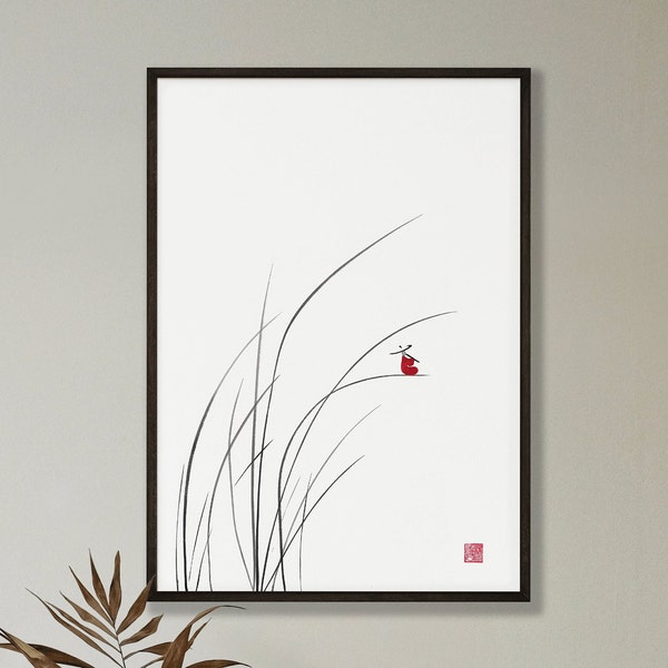 Grass Blade - Minimalist Asian Giclée Art Print, Black and Red Chinese Art, Fine Art Sumi-e Print, Zen Art