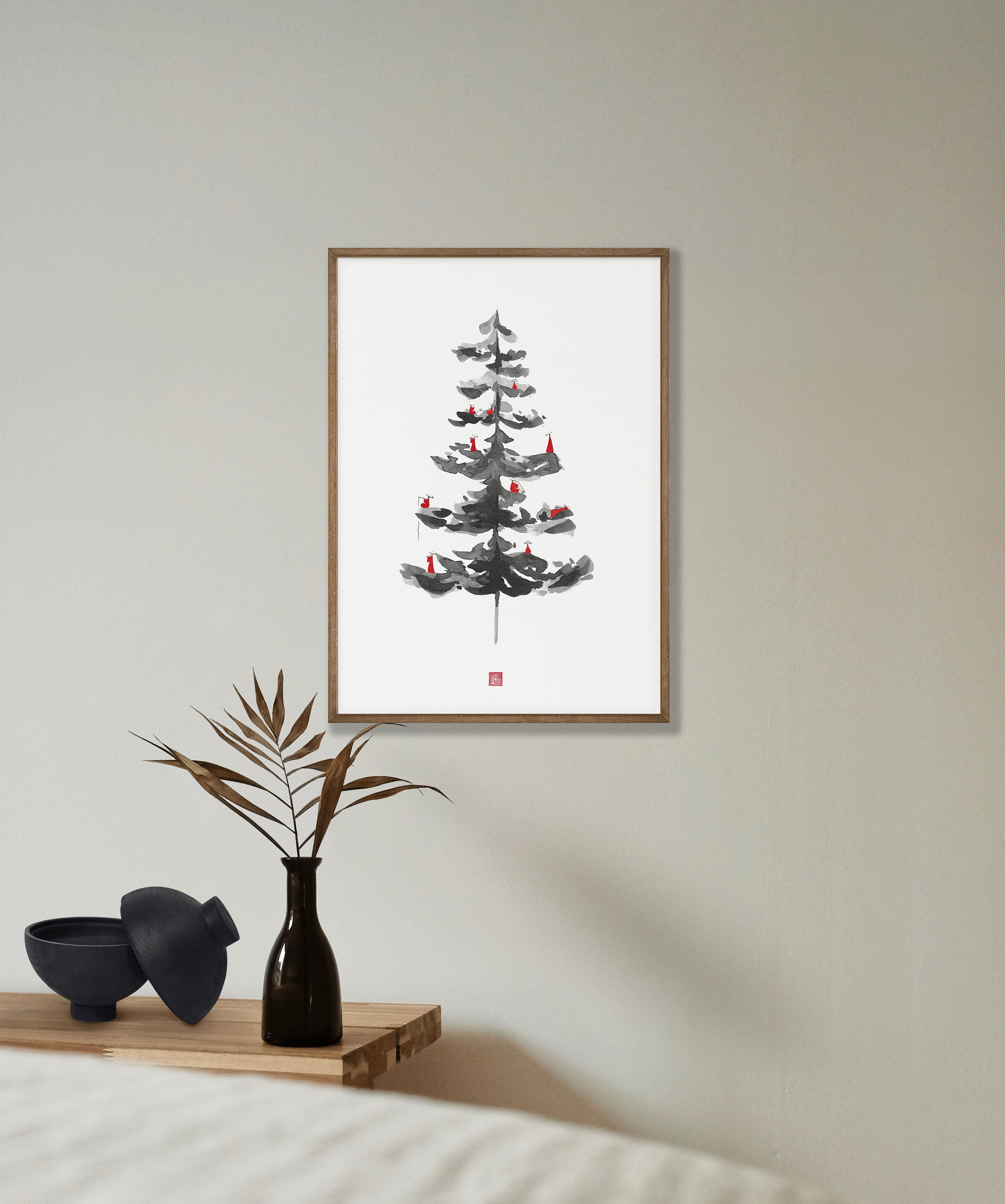Christmas Tree - Minimalist Asian Giclée Art Print, Black