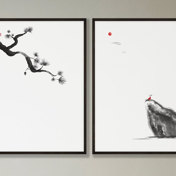 Set of 2 Art Prints - Pine Tree and Sunrise, Minimalist Giclée Art Print, Black and Red Chinese Art, Fine Art Sumi-e Print, Zen Art
