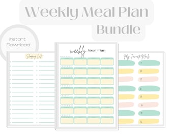 May include: Printable weekly meal planner bundle with a shopping list, meal plan, and a section to list favorite meals. The pages are in a light green, yellow, and pink color scheme.