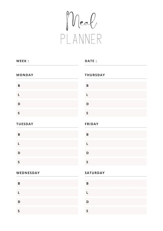 Paper PrintableDigital Download Lunch Breakfast Meal Planner Dinner #1