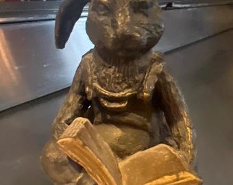Vtg Andrea by Sadek cast iron black rabbit reading paper weight book end 3x4.5"