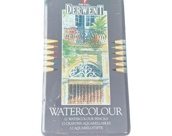 Vtg Rexel Derwent Watercolour Pencils 13 Set Tin Made in England Art Pro drawing