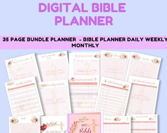 May include: A digital planner with a floral design and the text "My Bible Planner" in a pink and gold wreath. The planner is for daily, weekly, and monthly use. It includes pages for scripture reading, prayer requests, and gratitude.