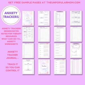 May include: A set of printable anxiety tracker worksheets with a watercolour background. The worksheets include a daily planner, symptom tracker, healthy habit tracker, and more. The text on the image reads "Anxiety Trackers Session Notes Notes for Therapy Resources What Can I Do... Anxiety Worksheets Anxiety Tracker Journal - Track It So You Can Control It"