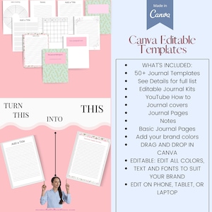 May include: A digital illustration showing how to turn a blank journal page into a more decorative page with floral designs. The text "TURN THIS INTO THIS" is shown above the two pages. The text "Canva Editable Templates" is shown in the upper right corner of the image. The text "WHAT'S INCLUDED:" is shown in the lower right corner of the image, followed by a list of features, including "50+ Journal Templates", "See Details for full list", "Editable Journal Kits", "YouTube How to", "Journal covers", "Journal Pages", "Notes", "Basic Journal Pages", "Add your brand colors", "DRAG AND DROP IN CANVA", "EDITABLE: EDIT ALL COLORS, TEXT AND FONTS TO SUIT YOUR BRAND", "EDIT ON PHONE, TABLET, OR LAPTOP".