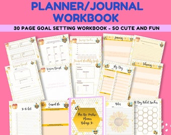 Può includere: Un planner e un diario di lavoro a tema ape con un motivo a nido d'ape e illustrazioni di api. La copertina dice "Questo planner positivo delle api appartiene a:". Il quaderno ha 30 pagine ed è progettato per la definizione degli obiettivi.