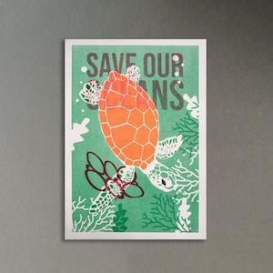 Sea Turtle A4 Risograph Print - Save Our Oceans Picture - Recycled Paper - Charity Donation - WWF - Poster