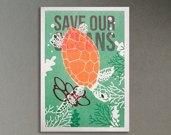 A4-risograftryck av havssköldpadda - Tavla med "Rädda våra hav" - Återvunnet papper - Välgörenhetsdonation - WWF - Poster