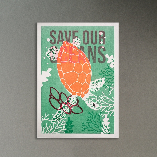 Sea Turtle A4 Risograph Print - Save Our Oceans Picture - Recycled Paper - Charity Donation - WWF - Poster