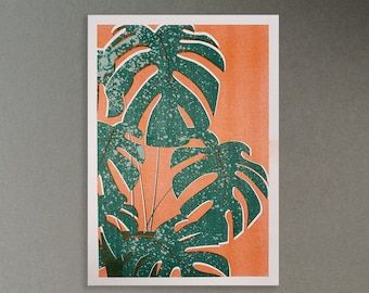 Monstera ostväxt A4 risograftryck - present till växtälskare - krukväxtbild - återvunnet papper - poster