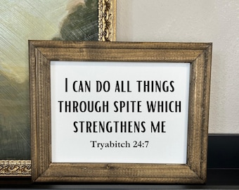 I can do all things through spite which strengthens me | wood framed canvas sign | wall decor | snarky wall signs | sarcastic gift