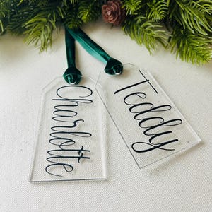 May include: Two clear acrylic gift tags with black cursive lettering, one reading "Charlotte" and the other "Teddy." Each tag has a green velvet ribbon. The tags are set against a backdrop of evergreen branches and a pine cone.