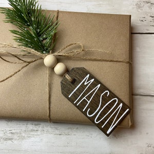 Rae Dunn inspired name tags | personalized wood stocking tags | farmhouse stocking tags | custom wood name tags | Christmas stocking tags