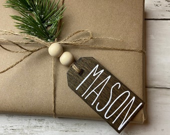 Rae Dunn inspired name tags | personalized wood stocking tags | farmhouse stocking tags | custom wood name tags | Christmas stocking tags