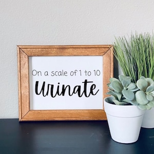 On a scale from 1 to 10 urinate | wood framed canvas sign | funny bathroom decor | farmhouse home decor | bathroom humor | snarky sayings