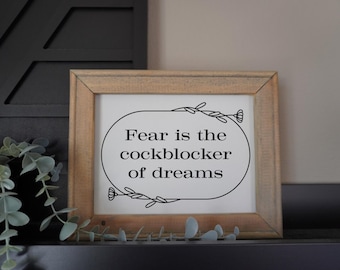 Fear is the cockblocker of dreams | framed canvas sign | funny home decor | sarcastic wall sign | unique decor | snarky sayings
