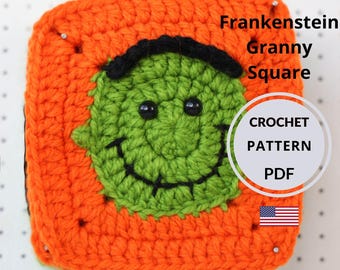 Crochet Granny Square Halloween PATTERN, Frankenstein Motif, Bag Blanket Tutorial (PDF Download)