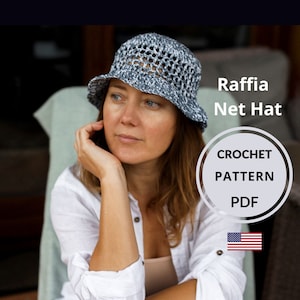 Crochet hat PATTERN, Raffia fishnet hat tutorial, Sunhat crochet pattern, Crochet hat for women PDF in English