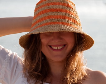 Crochet Bucket Hat Pattern, Striped Straw Sun Hat PDF (Digital Download)