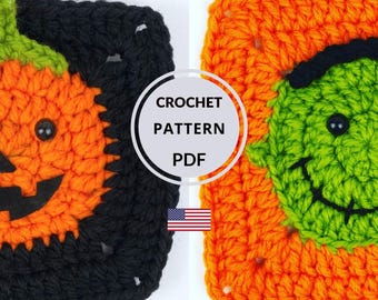 Halloween Crochet Granny Square Pattern, Pumpkin Frankenstein Motif (PDF)