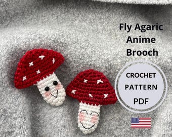 Crochet mushroom PATTERN, Tiny crochet brooch toadstool, Fly agaric anime brooch pin, Digital download PDF tutorial in ENGLISH