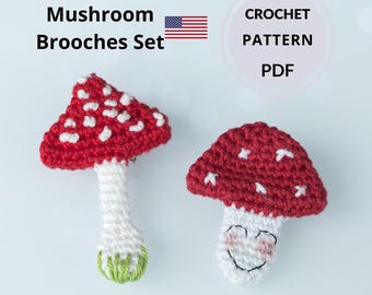 Mushroom Brooches Crochet Pattern PDF, Fly Agaric Pins Tutorial, Crochet Mushroom Set Pattern, Red Toadstool Brooch PDF Guide