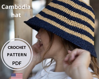 Crochet bucket hat PATTERN, Crochet sun hat PDF tutorial, Crochet raffia summer hat  for woman, Straw hat Cambodia