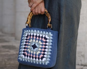 Granny Square Crochet Bag Pattern | Bamboo Handle Handbag Tutorial (PDF)
