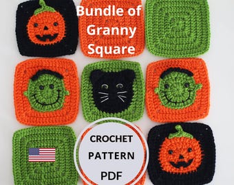 Halloween Granny Square Crochet Pattern Bundle PDF, Pumpkin Black Cat Frankenstein, Beginner Friendly