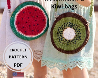 Fruit Crochet Bag Pattern, Watermelon and Kiwi Crossbody PDF, Summer Novelty Bag Tutorial