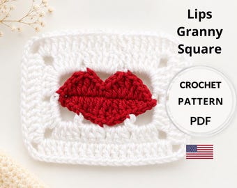 Red Lips Granny Square Crochet Pattern, Pop Art Kiss Motif (PDF)