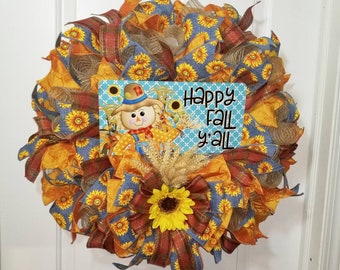 Happy Fall Y'all Scarecrow Wreath, fall front door, autumn front door, fall decor, autumn decor, Thanksgiving, sunflowers mesh, harvest fun