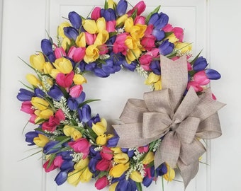 Tulip wreath with bow,  tulip wreath, spring front door, spring wall decor, floral wreath, multicolor tulip wreath, colorful spring wreath