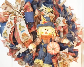 Blue Scarecrow Wreath, fall front door, autumn front door, fall decor, autumn decor, Thanksgiving, pumpkins, mesh, harvest