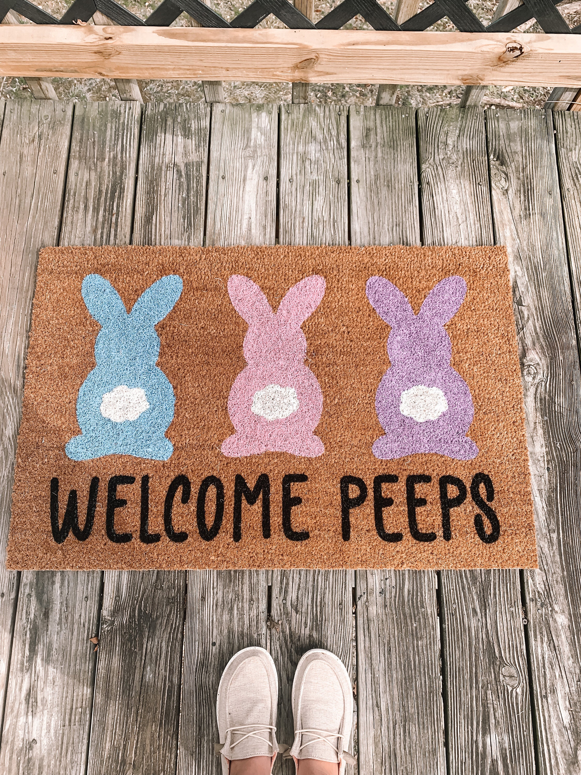 Welcome Peeps Easter Doormat | Cute Easter Bunny Front Doormat | Fun Colorful Pastel Spring Doormat | Personalized Custom Housewarming Gift