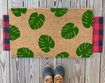 Deurmat Monstera Plant Leaves | Leuke kleurrijke welkomstmat voor de zomer | Strandhuis | Custom housewarmingcadeau plantenliefhebber | Elke dag welkomstmat