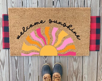 Kleurrijke Sunray Welcome Sunshine-deurmat | Schattige bloemen lente Welcome Home mat | Lente veranda decor | Strandhuisdecoratie | Housewarmingcadeaus