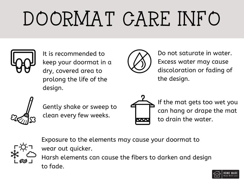May include: Black and white illustration of doormat care instructions. The illustration includes icons for keeping the doormat dry, shaking or sweeping the doormat, hanging the doormat to dry, and avoiding harsh elements. The text reads "DOORMAT CARE INFO" and includes instructions on how to care for a doormat.
