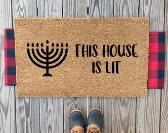 This House is Lit Hanukkah Doormat | Hanukkah Welcome Mat | 8 Happy Nights | Menorah Doormat | Happy Hanukkah Doormat | Outdoor Porch Decor